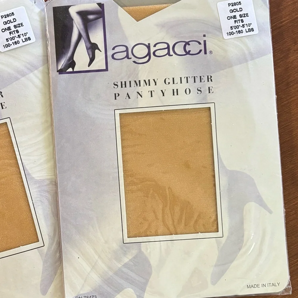 2 Vintage Agacci Italian, gold shimmer pantyhose. Fits 5' to 5' 10